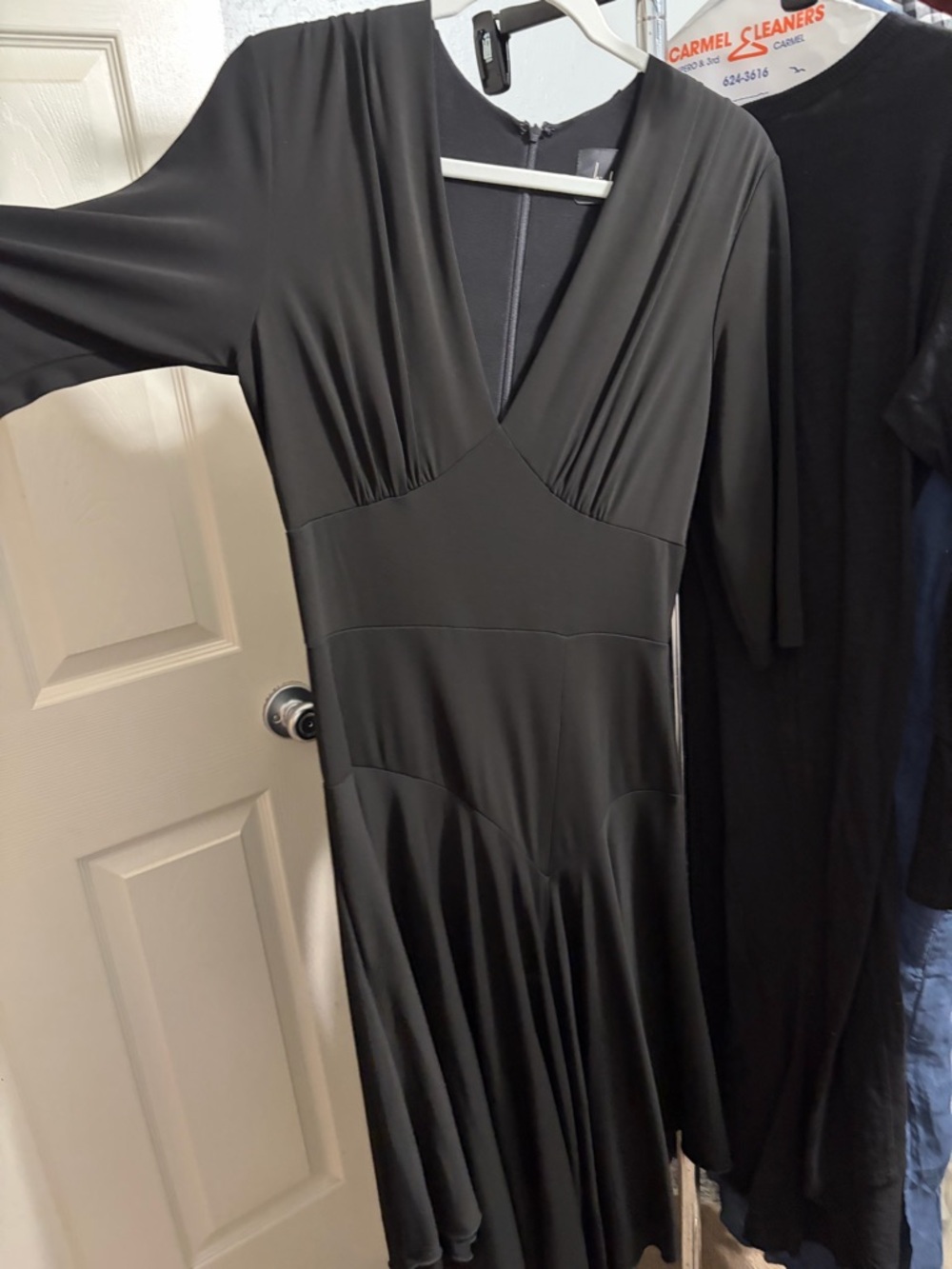 Nicole Miller Black V-Neck Midi Dress with Draped Skirt